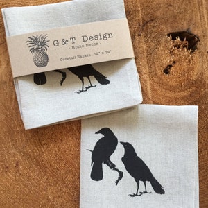 Black Crows Screen Printed Cocktail Napkins on 100% Linen in a Natural Colour, Hostess Gift, Mothers Day Gift