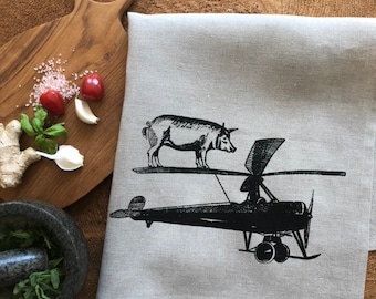 100% Linen Pig on a Plane Tea Towel, Eco Cloth Kitchen Towel, Hostess or Wedding Gift