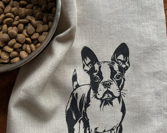 100% Linen Screen Printed Boston Terrier Dog, Tea Towel, Reusable Eco Cloth Kitchen Towel, Black & White Dog , Hostess Gift