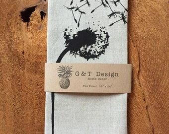 Dandelion Screen Printed onto 100% Natural Linen Tea Towel, Hostess Gift