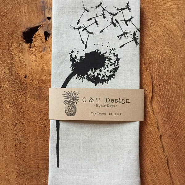 Dandelion Screen Printed onto 100% Natural Linen Tea Towel, Hostess Gift