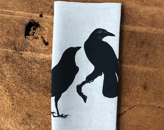 Black Crows Hand Screen Printed onto 100% Linen Cloth, Tea Towel, Kitchen Towel, Eco cloth, Hostess or Wedding Gift