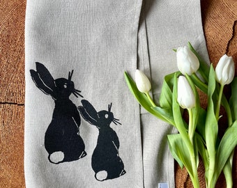 Easter Bunnies Screen Printed onto 100% Natural Linen Tea Towel, 2 Rabbits, Spring Decor, Easter Gift