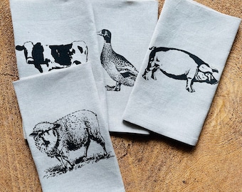 Farm Animals Screen Printed 100% Linen Dinner Napkins, Set of 4, Sheep,Pig,Cow,Duck