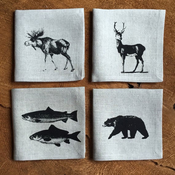 Canadiana Wildlife Cocktail Napkins, Screen Printed onto 100% Natural Linen, Set of 4 ,Hostess gift, Wedding Gift