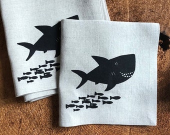 Shark Linen Cocktail Napkins: Screen Printed Party Napkins, Set of 4