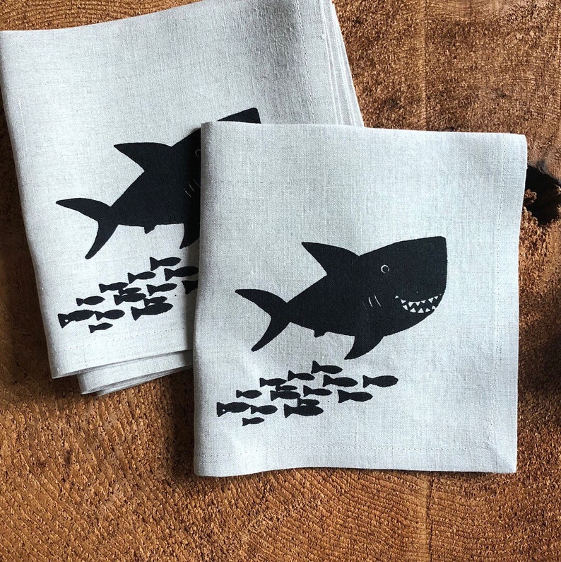 Happy Shark Screen Printed 100% Natural Linen Cocktail Napkins, Set of 4, Party Napkins, Shark image 1