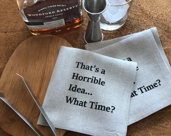 Humorous Linen Cocktail Napkins: Screen Printed Party Napkins, Set of 4