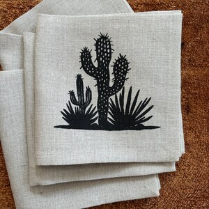 100% Pre Washed Linen Screen Printed Cactus Cocktail Napkins, Set of Four , Hostress Gift, Summer Party Decor image 3