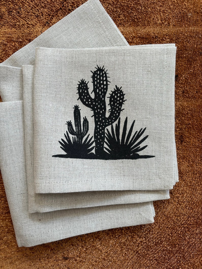 100% Pre Washed Linen Screen Printed Cactus Cocktail Napkins, Set of Four , Hostress Gift, Summer Party Decor image 3