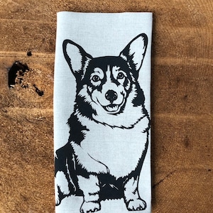 Corgi Dog Screen Printed 100% Natural Pre Washed  Linen Tea Towel, Dish Towel