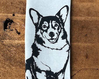 Corgi Dog Screen Printed 100% Natural Pre Washed  Linen Tea Towel, Dish Towel