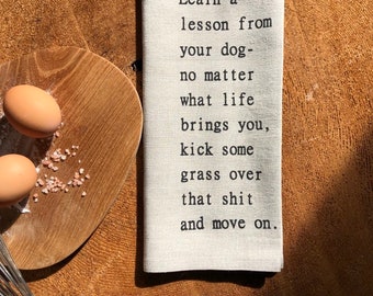 Dog Lesson Linen Tea Towel: Humorous Kitchen Decor