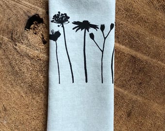 Black or White or Navy Blue Wildflowers Screen Printed onto 100% Natural Linen Tea Towel, Wedding Gift