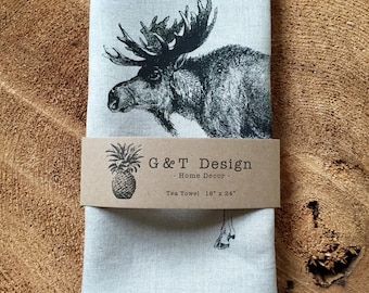 Canadian Moose Linen Tea Towel: Screen Printed Wildlife