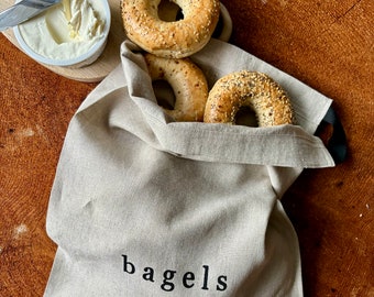 Screen Printed Linen Bagel Storage Bag: Reusable Bread Bag