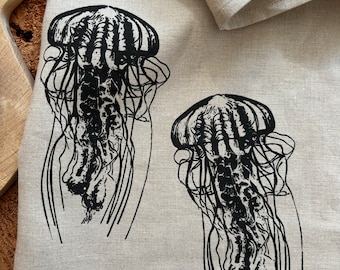 100% Pre Washed Linen Tea Towel,Screen Printed Black Jelly Fish,Eco Cloth Kitchen Towel, Hostess Gift, Ocean Life