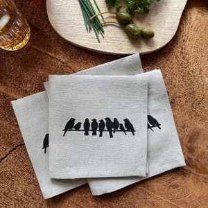 Linen Cocktail Napkins: Black Birds on a Wire, Set of 4