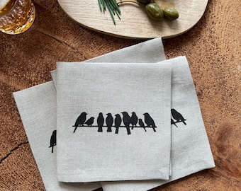 Cocktail Napkins, Set of 4 napkins , 100% Natural Linen, Screen Printed Black Birds on a Wire,  Hostess Gift, Mothers Day
