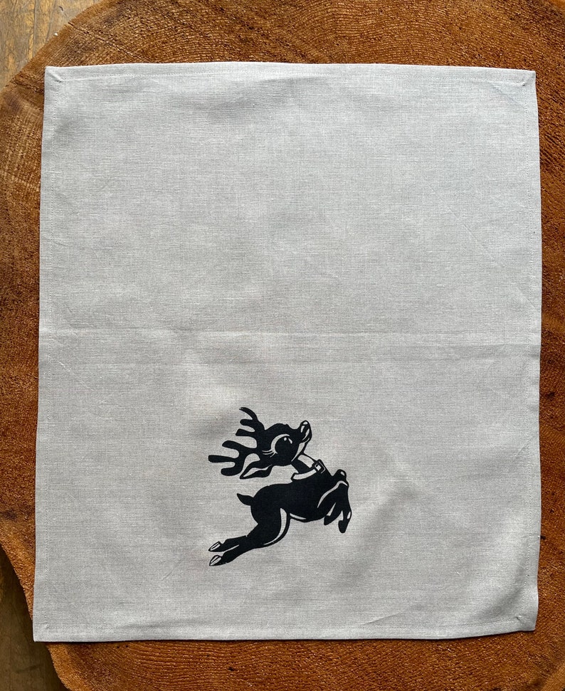 Vintage Reindeer Screen Printed 100% Linen Dinner Napkins, Set of 4, Holiday Decor, Christmas image 4