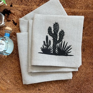 100% Pre Washed Linen Screen Printed Cactus Cocktail Napkins, Set of Four , Hostress Gift, Summer Party Decor image 1