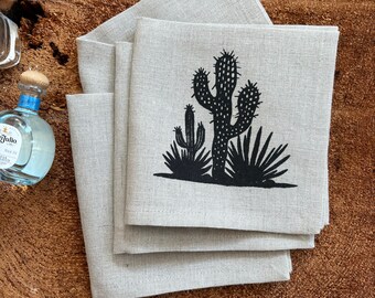 100% Pre Washed Linen Screen Printed Cactus Cocktail Napkins, Set of Four  , Hostress Gift, Summer Party Decor