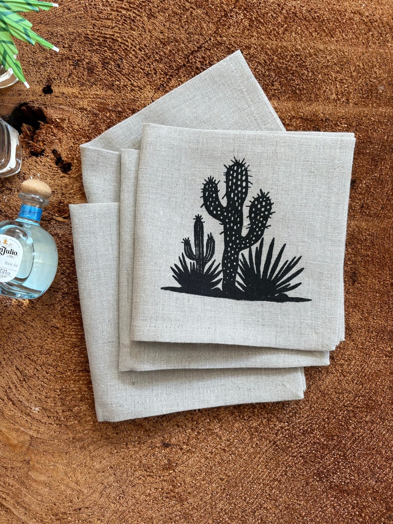 100% Pre Washed Linen Screen Printed Cactus Cocktail Napkins, Set of Four , Hostress Gift, Summer Party Decor image 1