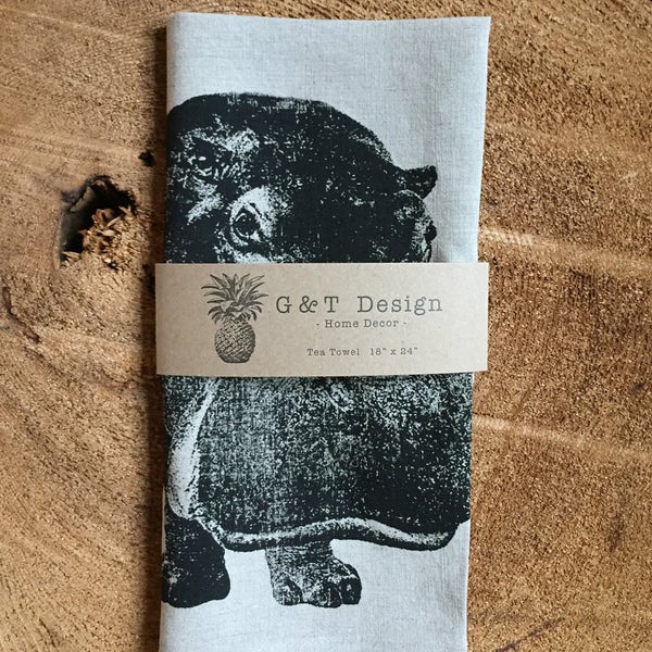 Hippopotamus Screen Printed 100% Linen Tea Towel, Hostess Gift, Hippo Kitchen Cloth