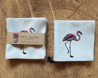 Pink Flamingo Linen Cocktail Napkins - Screen Printed, Set of 4