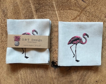 Pink Flamingo Screen Printed onto 100% Natural Linen Cocktail Napkins ,Set of 4, Party Napkins ,Hostess Gift