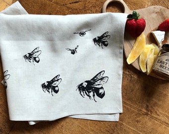 Bumble Bee 100% Linen Screen Printed Tea Towel, Hostess Gift, Father’s Day Gift, Mother's Day Gift