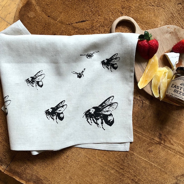 Bumble Bee 100% Linen Screen Printed Tea Towel, Hostess Gift, Father’s Day Gift, Mother's Day Gift