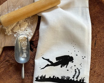 100% Linen Screen Printed Scuba Diving, Underwater, Ocean Tea Towel, Reusable Eco Cloth Kitchen Towel, Hostess Gift, Gift