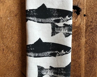 Trout Screen Printed onto 100% Natural Linen, Tea Towel Father's Day, Hostess Gift