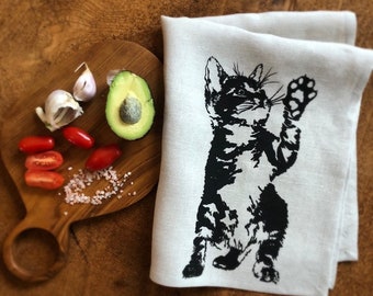 Kitty Cat Screen Printed Linen Tea Towel: Natural Absorbent Dish Towel