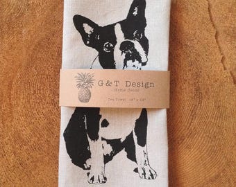 Screen Printed Linen Tea Towel: Boston Terrier, French Bulldog