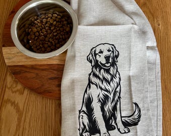 100%  Linen Tea Towel, Screen Printed Golden Retriever Towel , Best Friend Gift , Eco Cloth Kitchen Towel, Dog Lover Gift