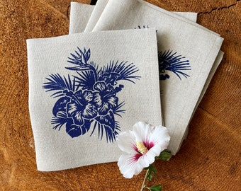Hawaiian Flower Screen Printed in Blue onto 100% Natural Linen Cocktail Napkins, Set of 4, Garden Party