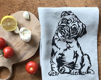 Pug Dog Linen Tea Towel: Screen Printed Kitchen Decor