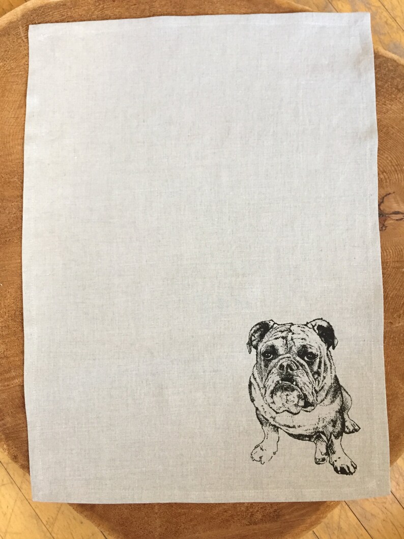 Bulldog Screen Printed 100% Linen Tea Towel,English Bulldog immagine 3