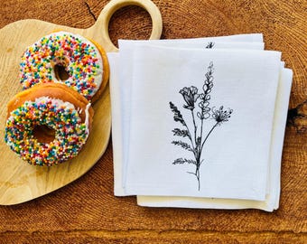Linen Cocktail Napkins: Screen Printed Wildflower Design, Set of 4