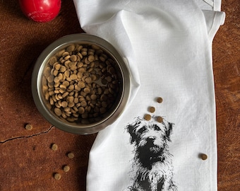 Shaggy Dog,  Wired Hair Terrier Linen Tea Towel Screen Printed Kitchen Towel, Drying Cloth
