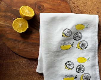 Amalfi Coast Lemon Linen Tea Towel: Hand-Screen Printed Fruit Towel