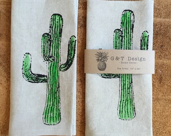 Screen Printed Cactus onto 100% Natural Linen Tea towel, Hostess Gift, Wedding Gift