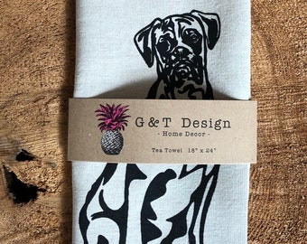 Boxer Dog Print Linen Tea Towel: Natural Fabric, Dog Lover Gift