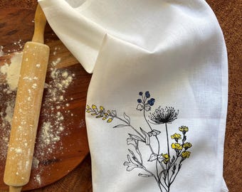 White Linen Tea Towel: Screen Printed Wildflower Design, Handmade in Canada