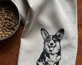 Screen Printed Corgi Dog Linen Tea Towel: Eco Kitchen Cloth