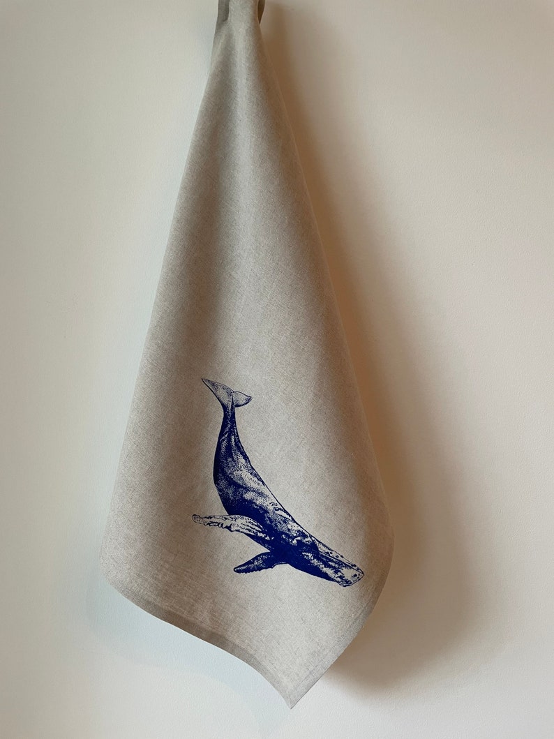 Blue Humpback Whale ScreenPrinted on 100% Linen Tea Towel, Natural Linen or Ivory Linen, Cottage, Westcoast Decor image 2