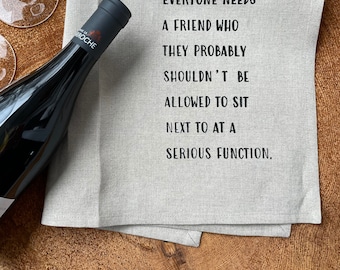 Funny Friend Linen Tea Towel: Screen Printed Kitchen Decor