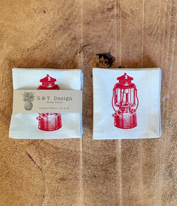 Red Coleman Lantern Linen Cocktail Napkins - Camping Decor, Set of 4